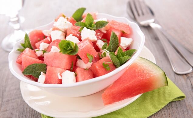 Watermelon salad with cheese and mint in the weekly watermelon diet