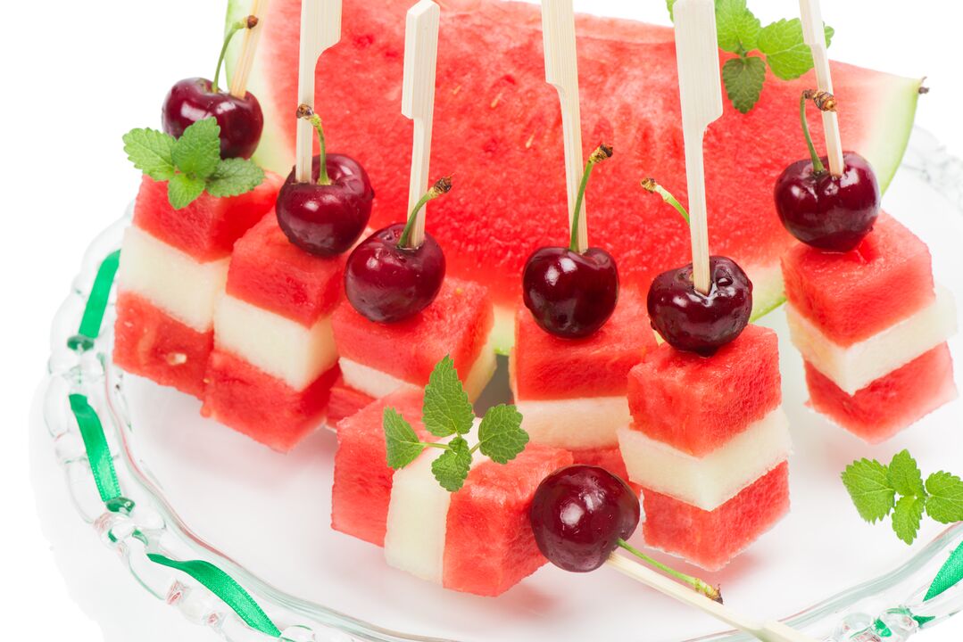 Watermelon, melon and cherry snacks-delicious desserts in the watermelon diet